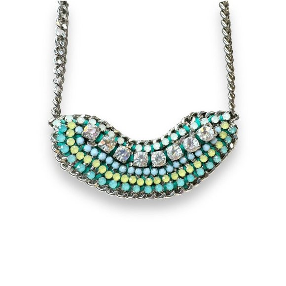 Lydell NYC Teal Blue Yellow Aurora Borealis Rhinestone Necklace 21.5” - Picture 2 of 6